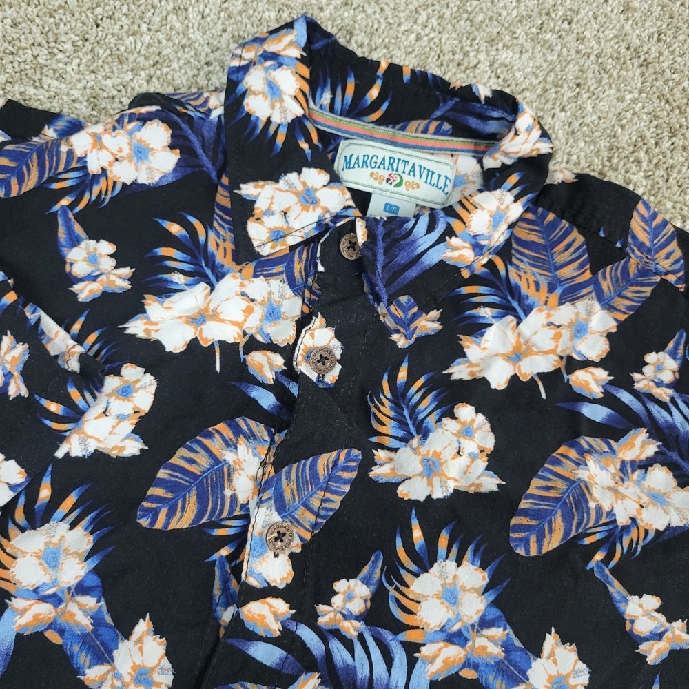 Margartiaville Mens Large Black AOP Floral Button Up Short Sleeve 100% Rayon